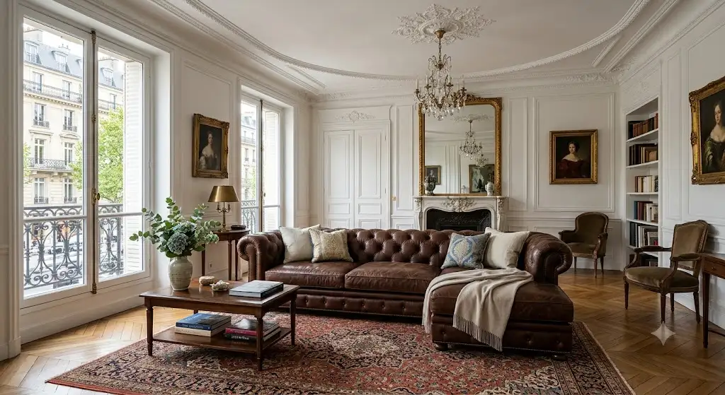 Grand canapé cuir véritable marron foncé installé dans un salon style haussmannien élégant