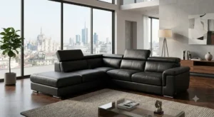 Illustration 1 showing a sleek, modern genuine leather sofa design with clean lines.