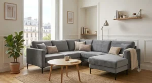 A photorealistic depiction of a modern canapé velours pas cher, highlighting its premium feel.