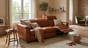 Illustration 2 depicting a person demonstrating how to clean and care for a genuine leather sofa.