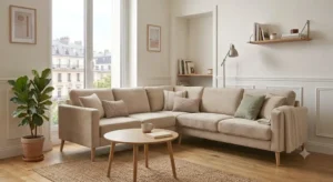 An illustration showing a canapé velours pas cher as the focal point of an elegant living room design.