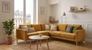 A lifestyle illustration of a canapé velours pas cher, showing its versatile use in different home settings.