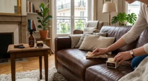 Illustration 7 of a high-end luxury genuine leather sofa placed in a chic home office.