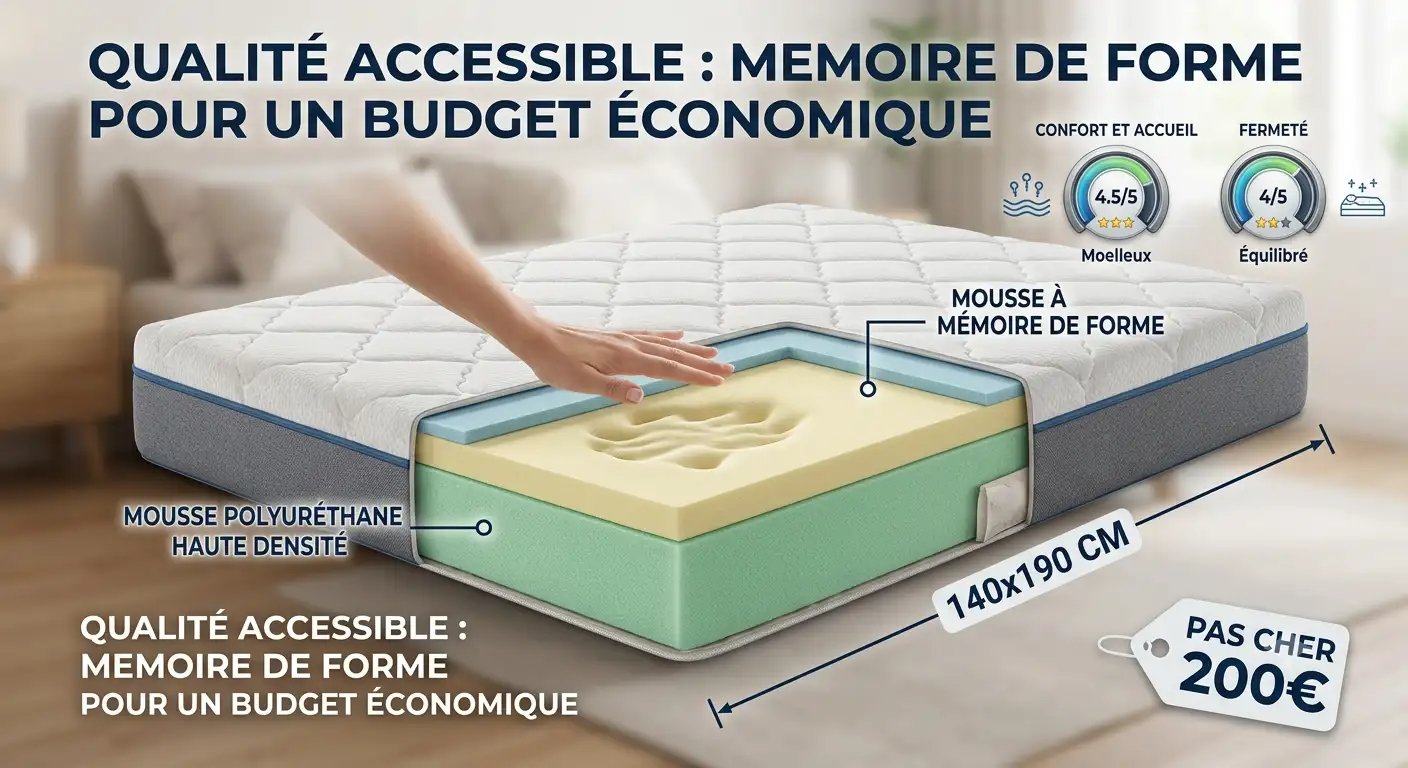 Coupe transversale d'un matelas en mousse à mémoire de forme 140x190 cm à moins de 200 euros meilleur matelas moins de 200 euros