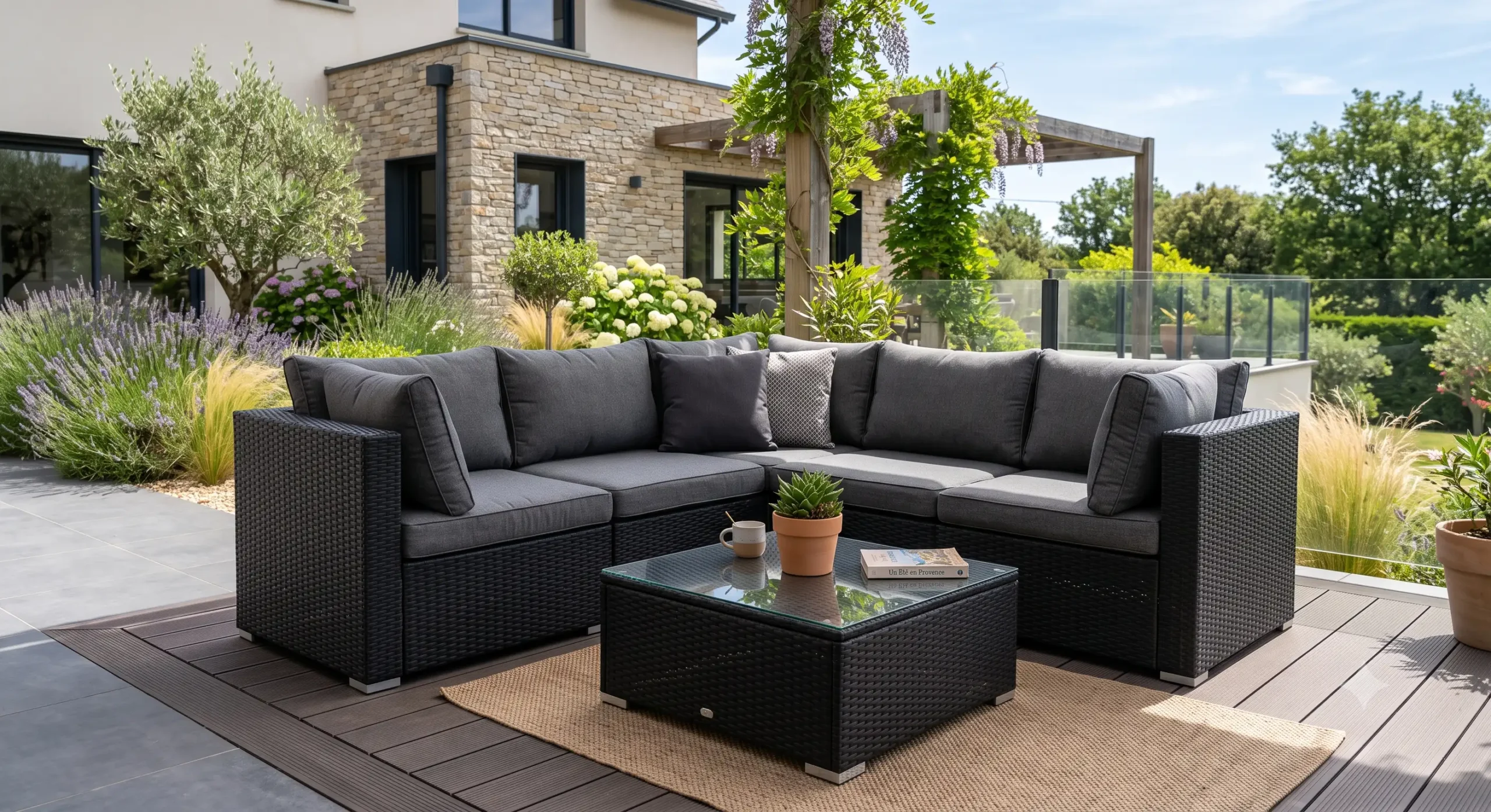 Salon de jardin pas cher en résine tressée noire avec coussins gris sur une terrasse moderne