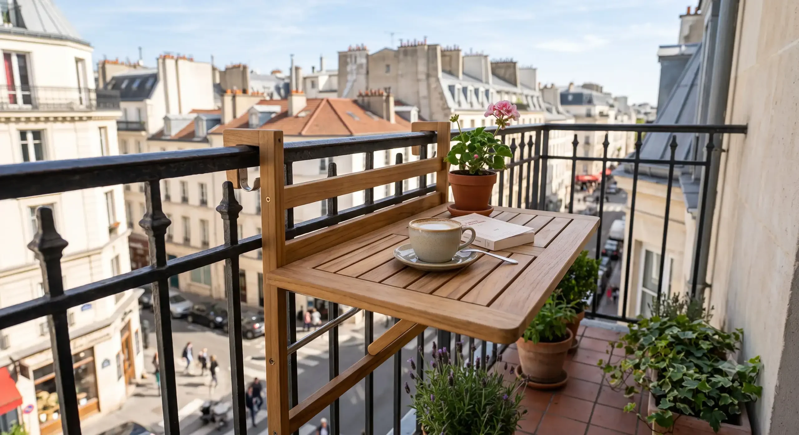 table rabattable balcon pas cher suspendue au garde-corps pour optimiser l'espace