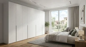 Illustrazione di un armadio guardaroba bianco dal design minimalista e contemporaneo