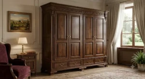 Disegno di un armadio guardaroba classico in legno massello con finiture eleganti