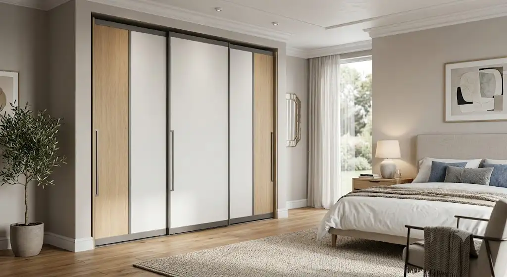 Illustrazione di un armadio guardaroba moderno con ante scorrevoli per camera da letto