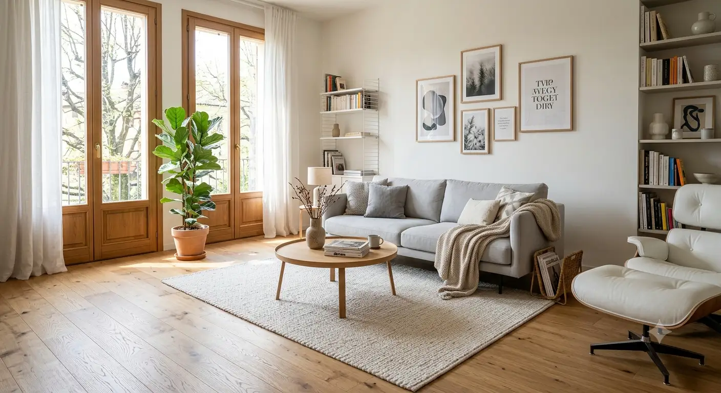 Soggiorno in perfetto stile arredamento scandinavo con divano grigio chiaro, parquet in rovere naturale e tanta luce del sole