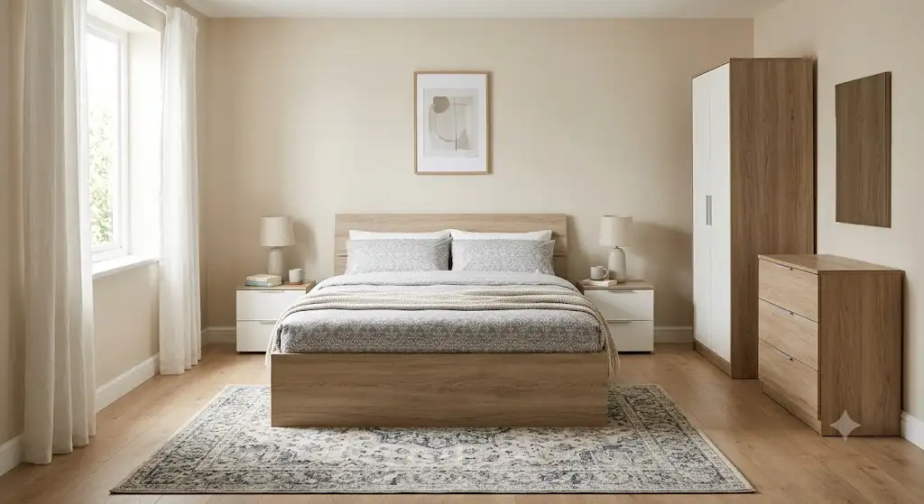 Camera da letto matrimoniale completa di letto, armadio e comodini arredata con un budget sotto 700 euro.
