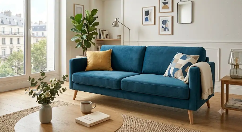 A featured image showcasing a stylish and affordable canapé velours pas cher in a contemporary living room.