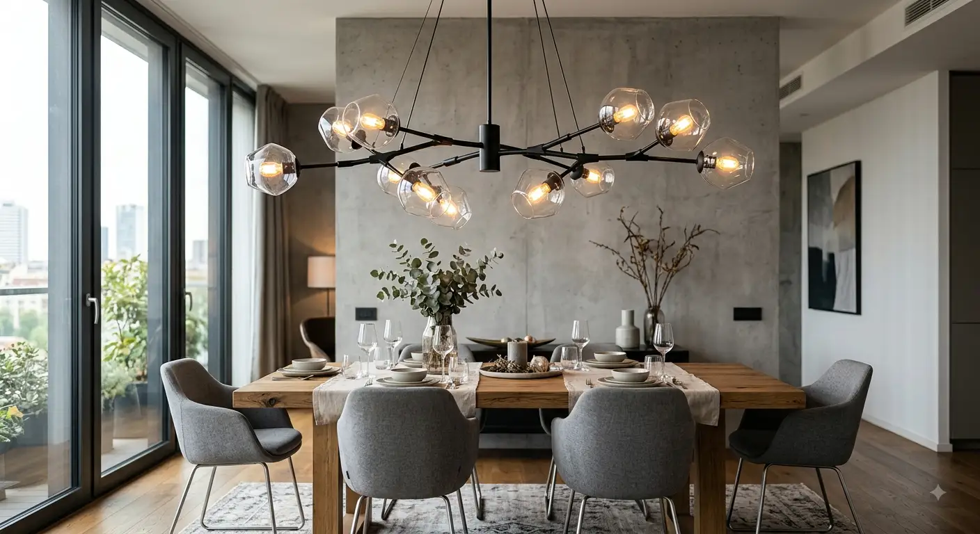 Lampadario moderno di design con diffusori in vetro sopra un tavolo da pranzo in un soggiorno luminoso