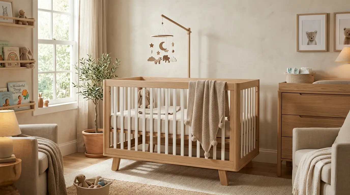 Lettino per neonati in legno naturale con sbarre bianche e biancheria in cotone biologico in una cameretta luminosa e moderna