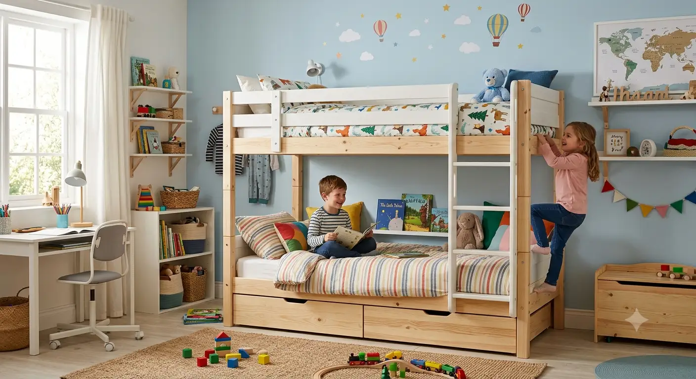 Letto a castello per bambini in legno chiaro con scaletta e cassetti salvaspazio in una cameretta luminosa