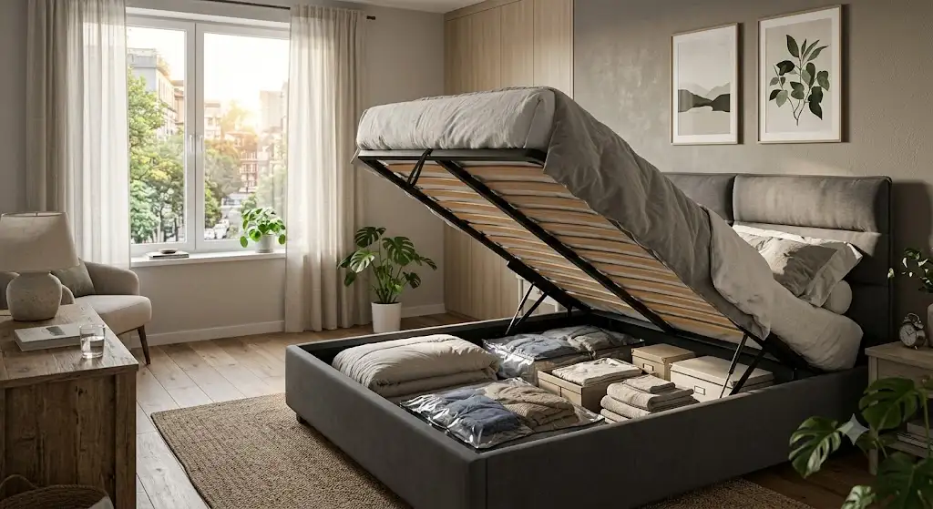 Letto matrimoniale con contenitore salvaspazio aperto in una camera da letto moderna