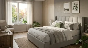 Letto matrimoniale imbottito con testiera alta in tessuto grigio chiaro 


