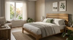 Letto matrimoniale in legno massello dal design moderno con comodini abbinati 

