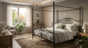 Spazioso letto matrimoniale king size allestito in una camera da letto di lusso 

