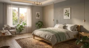 Letto matrimoniale minimalista in stile scandinavo con coperte nei toni neutri