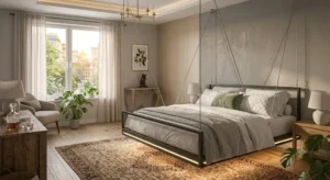Letto matrimoniale sospeso con illuminazione LED integrata sotto la struttura