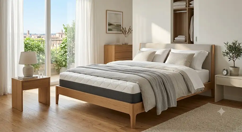 Materasso matrimoniale ergonomico posizionato su un letto moderno in una camera da letto luminosa.