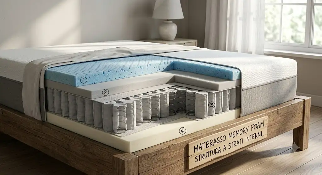 Illustrazione della struttura a strati interni di un materasso memory foam ergonomico