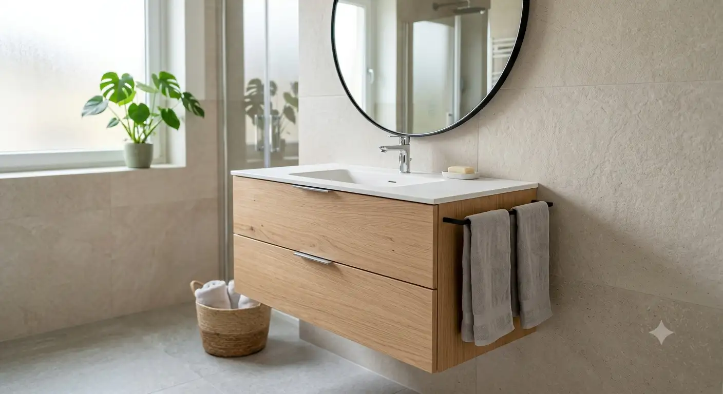 Mobile bagno sospeso in legno chiaro dal design moderno con lavabo integrato e specchio circolare