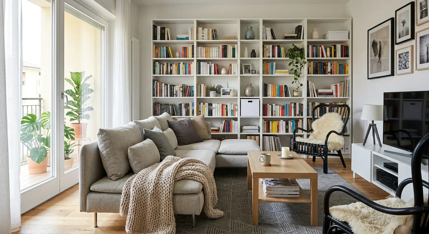 Soggiorno moderno arredato con mobili IKEA tra cui un divano componibile e una libreria Billy