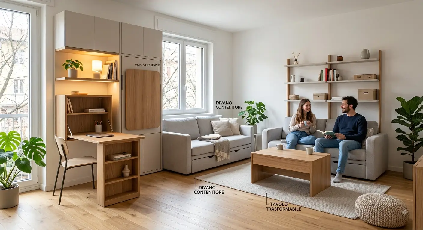 Soggiorno moderno e luminoso arredato con mobili salvaspazio multifunzionali, tra cui un divano letto con vano contenitore e un tavolo trasformabile.