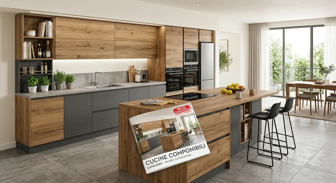 Cucina componibile moderna di Mondo Convenienza con finiture in legno e isola centrale