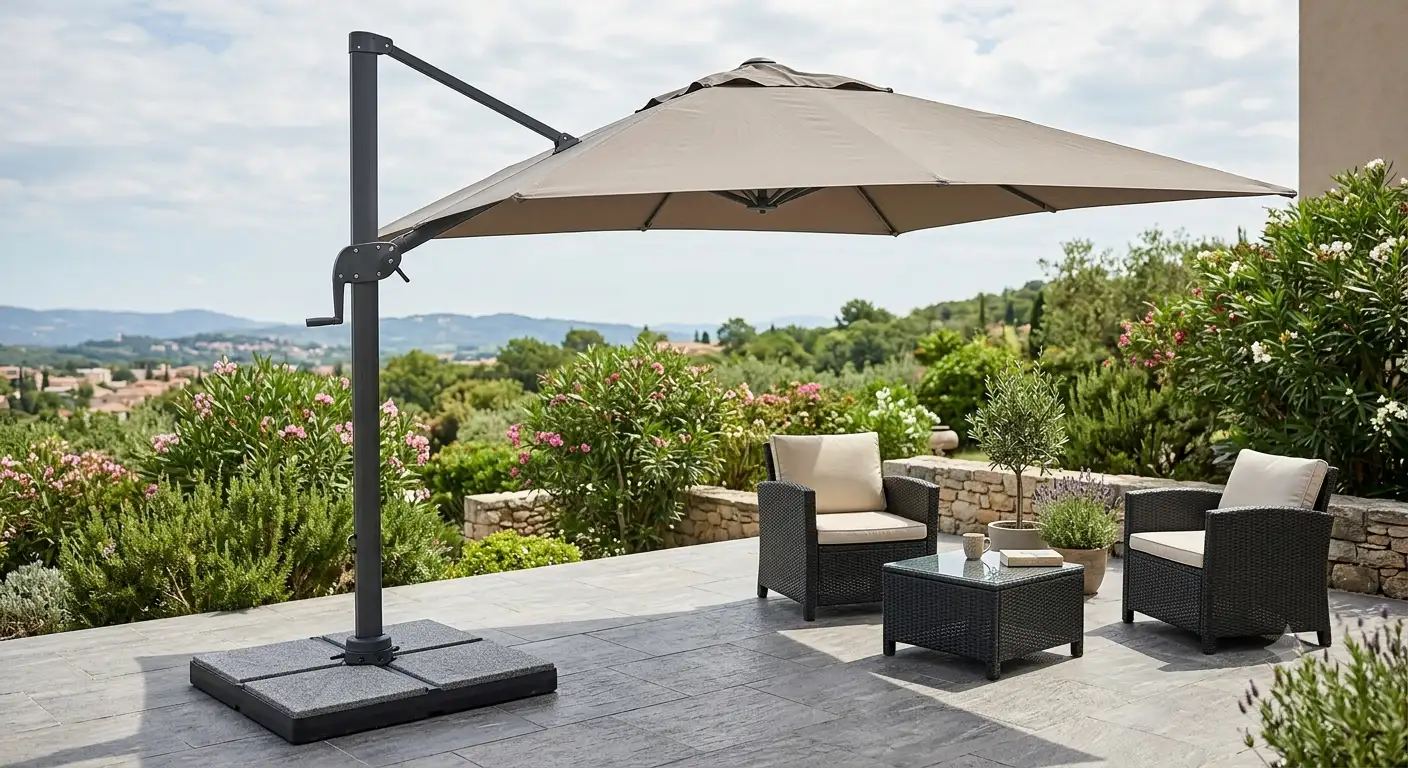 Ombrellone da giardino decentrato con braccio orientabile e base per terrazzo