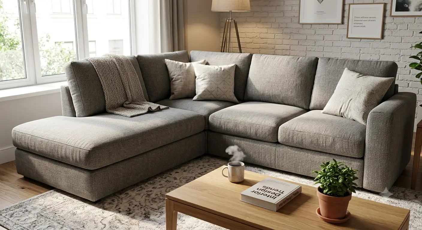 Divano angolare Poltronesofà in tessuto grigio in un soggiorno moderno