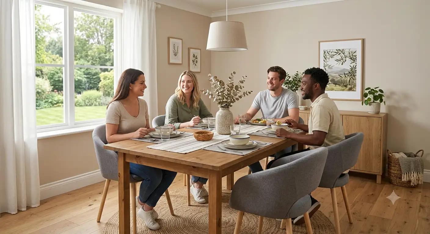 Sala da pranzo completa arredata sotto 600 euro con tavolo in legno e quattro sedie moderne.