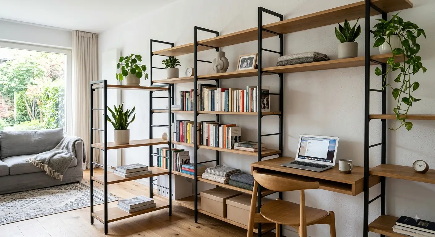 Scaffalature componibili in acciaio e legno con libri, piante e decorazioni in un luminoso soggiorno moderno.