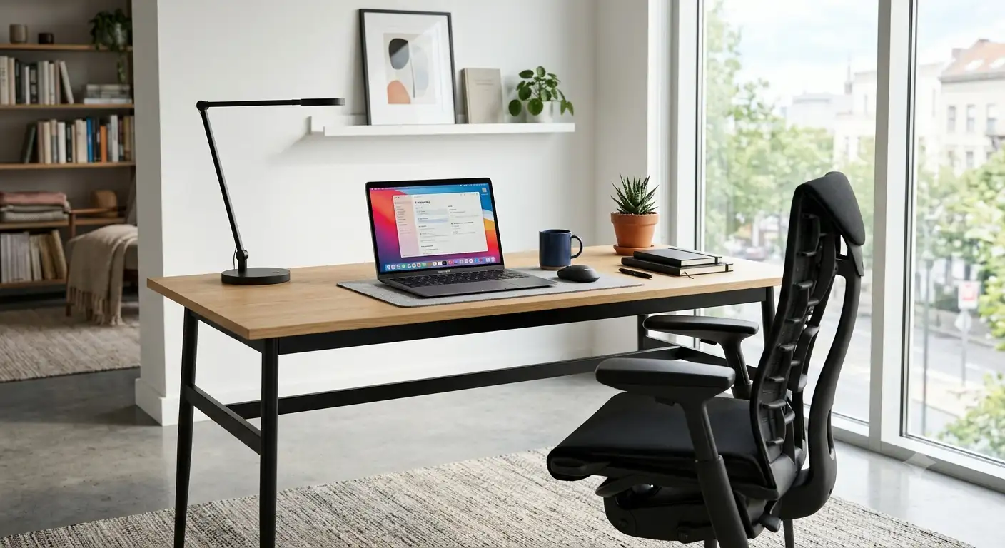 Scrivania per ufficio moderna in legno chiaro con sedia ergonomica e laptop.