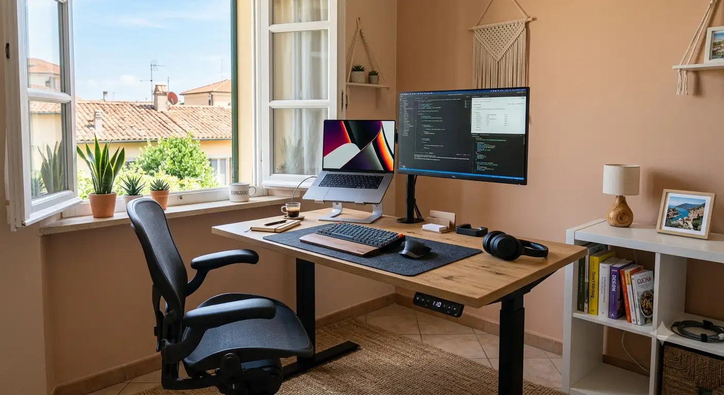 Illustrazione di una postazione per smart working con scrivania regolabile in altezza e sedia ergonomica