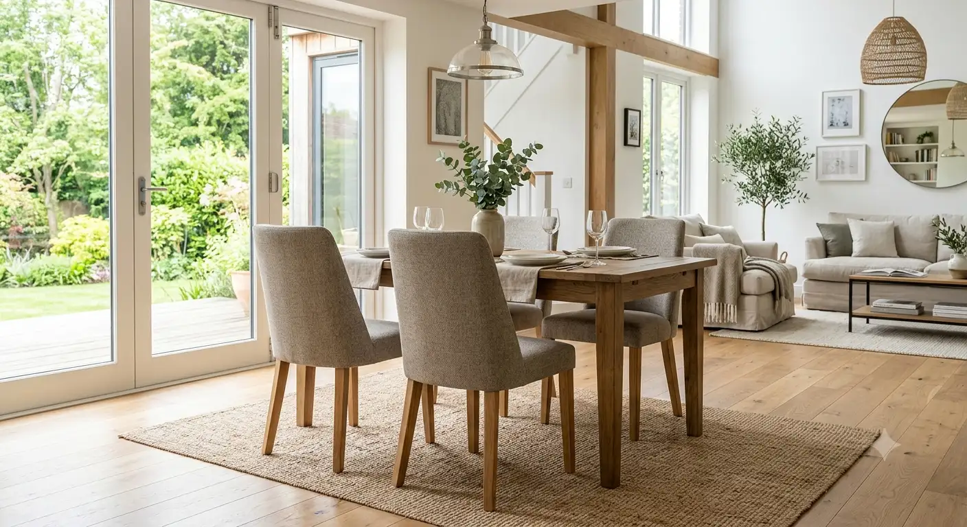 Set di sedie da pranzo moderne con gambe in legno in una sala da pranzo luminosa