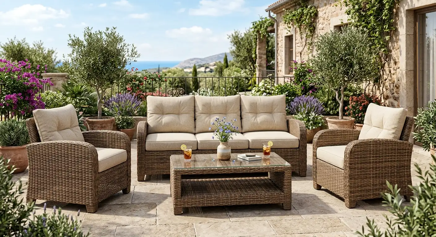 Set divano da giardino in rattan sintetico completo di cuscini e tavolino per la terrazza.