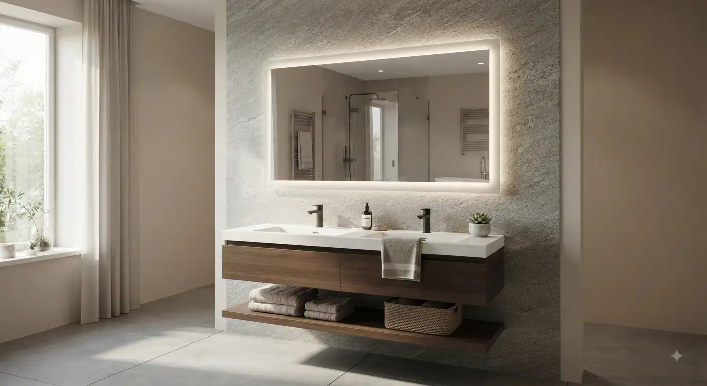 Specchio bagno con luce led moderno retroilluminato installato sopra il lavabo in un bagno di design.