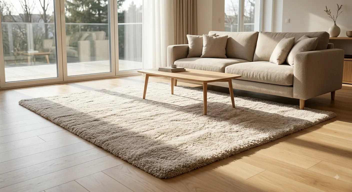 Tappeto per soggiorno moderno dal design elegante posizionato sotto un divano in un ambiente luminoso con luce naturale.