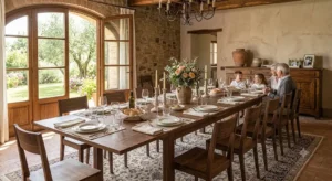 Grande tavolo allungabile da dodici posti apparecchiato con cura per un pranzo in famiglia.