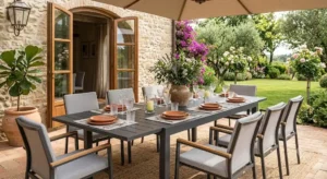 Tavolo allungabile da giardino in alluminio allestito per un pranzo all'aperto sul terrazzo.
