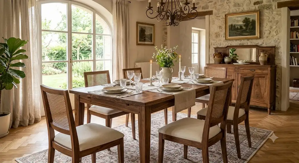 Tavolo allungabile in legno massello con sedie abbinate all'interno di una sala da pranzo luminosa.