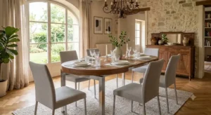 Tavolo allungabile rotondo di design aperto per accogliere piu ospiti in casa.