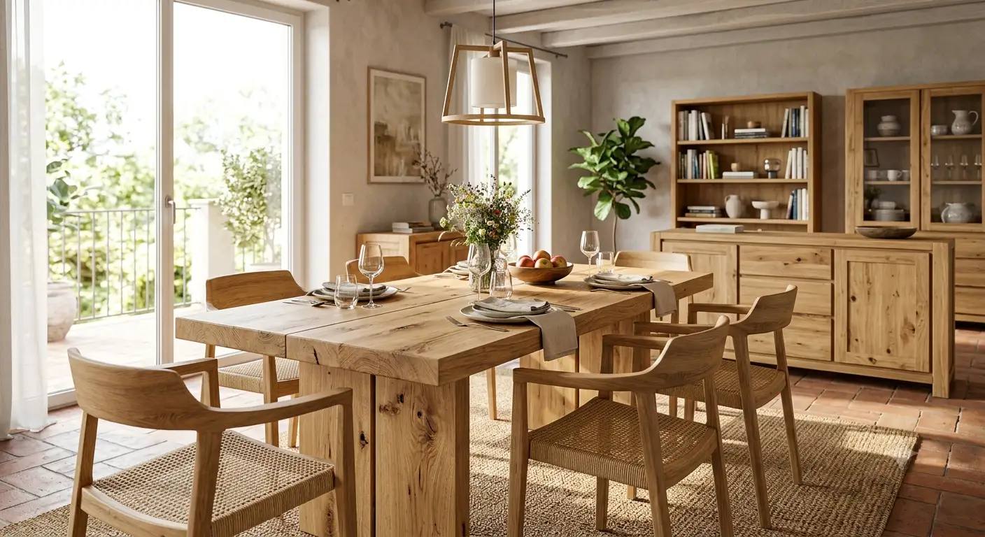 Tavolo da pranzo artigianale coordinato con la collezione di mobili in legno massello di quercia per la zona giorno.