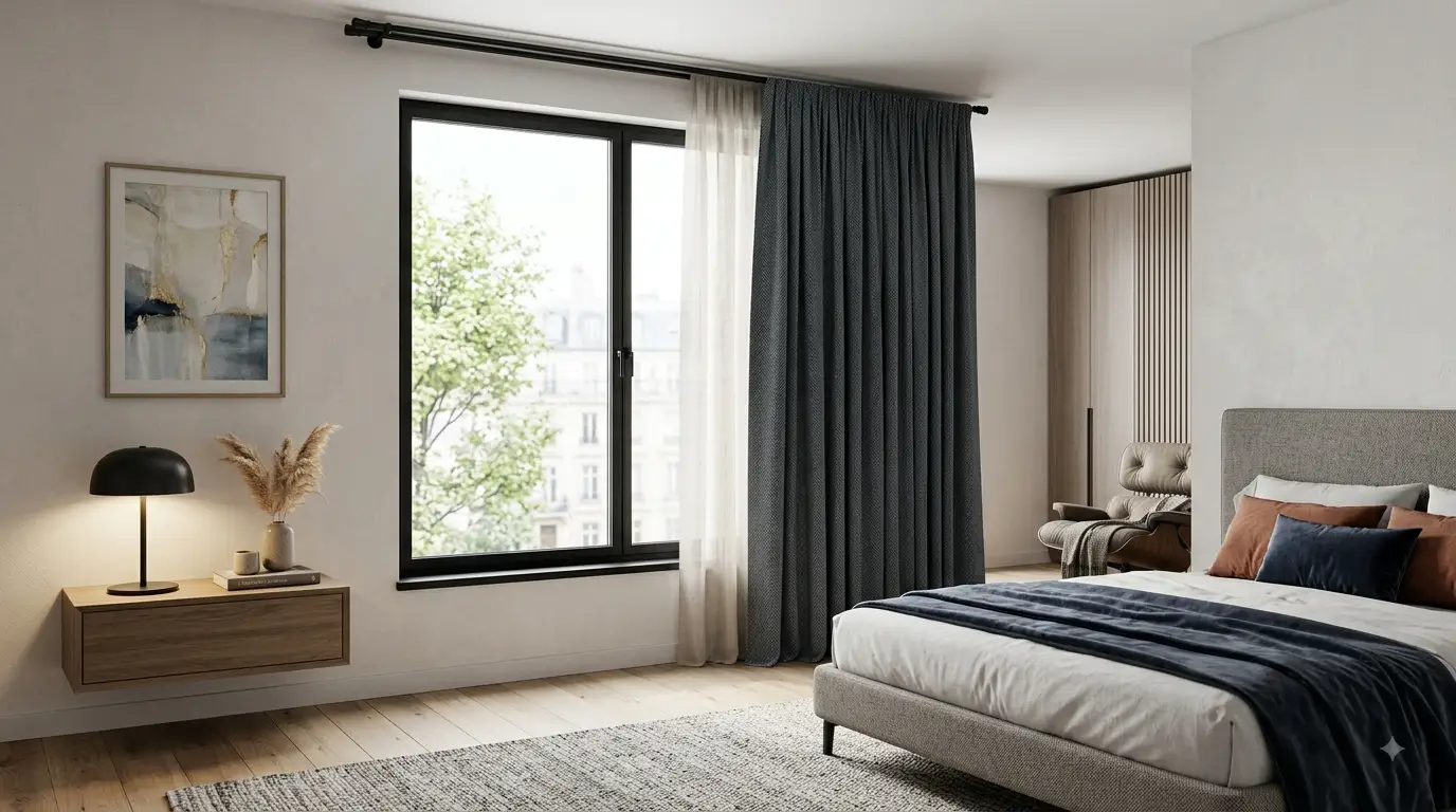 Tenda oscurante moderna in tessuto grigio scuro installata in una luminosa camera da letto elegante.