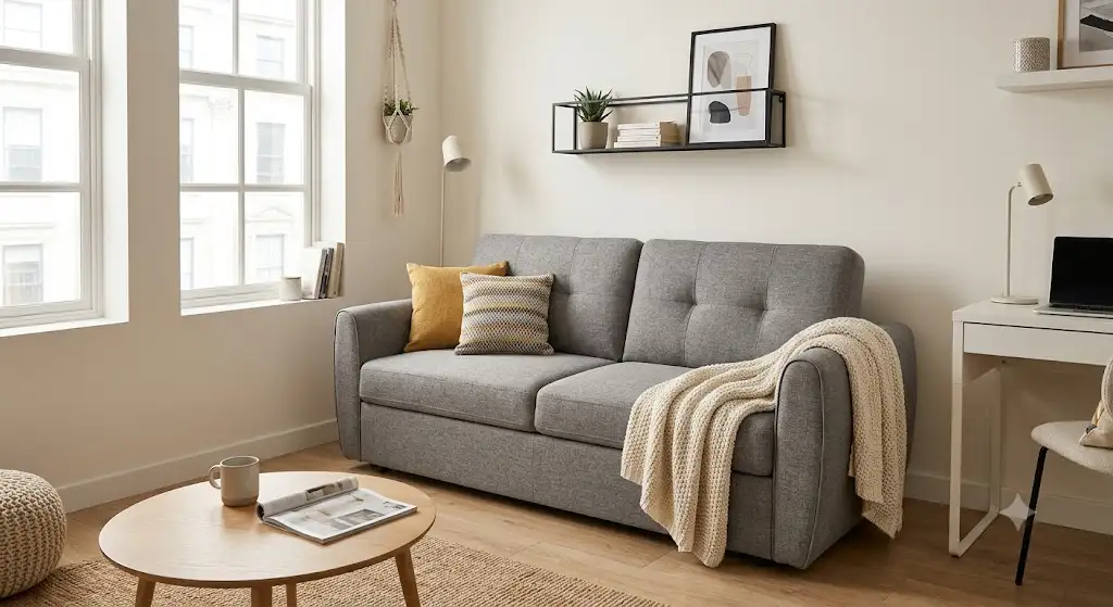 Canapé lit pour studio pas cher en tissu gris moderne installé dans un petit espace de vie.