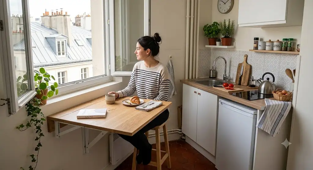 Table murale rabattable pas cher en bois clair dépliée dans une petite cuisine de studio parisien