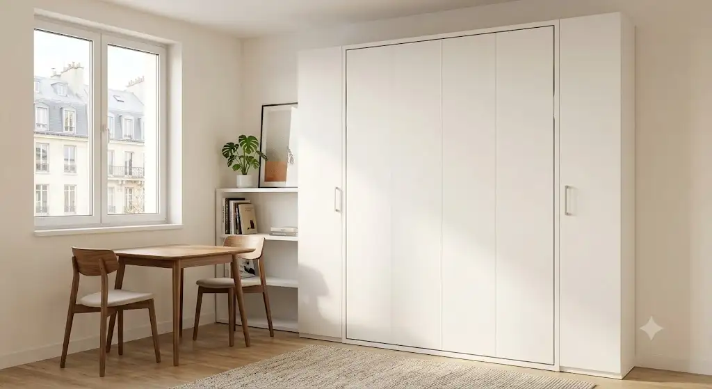 Lit escamotable pas cher vertical replié dans un meuble blanc pour optimiser l'espace d'un studio